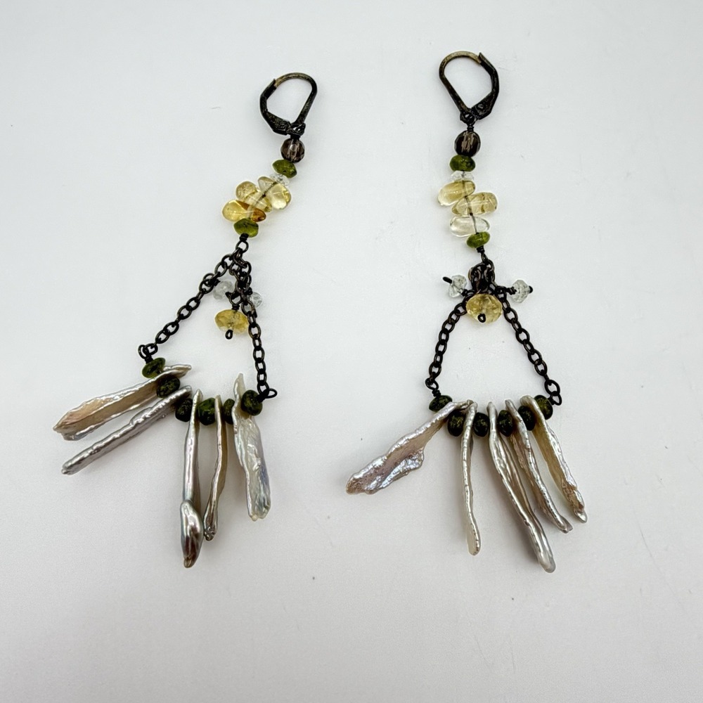 Vintage Sterling Silver 925 Genuine Baroque Pearl Dangle Earrings W/ Gemstones